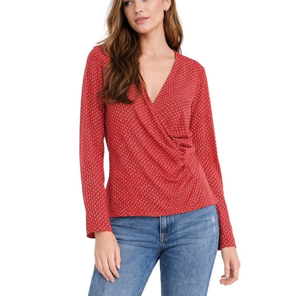 Talbots Womens Red White Geometric Faux Wrap V-Neck Long Sleeve Top Large